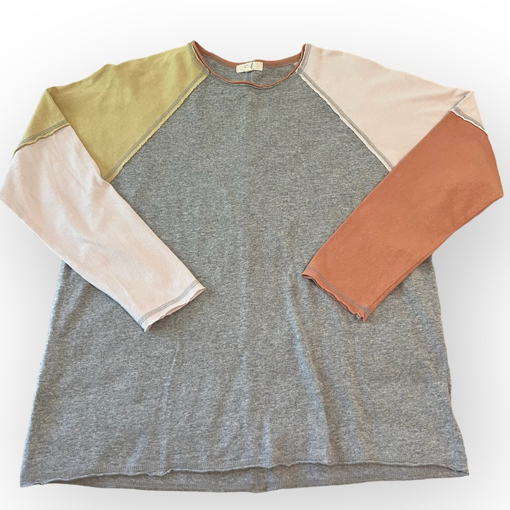 Easel Oversized Cotton Neutral Colorblock Raglan Long Sleeve Baseball Tee Small